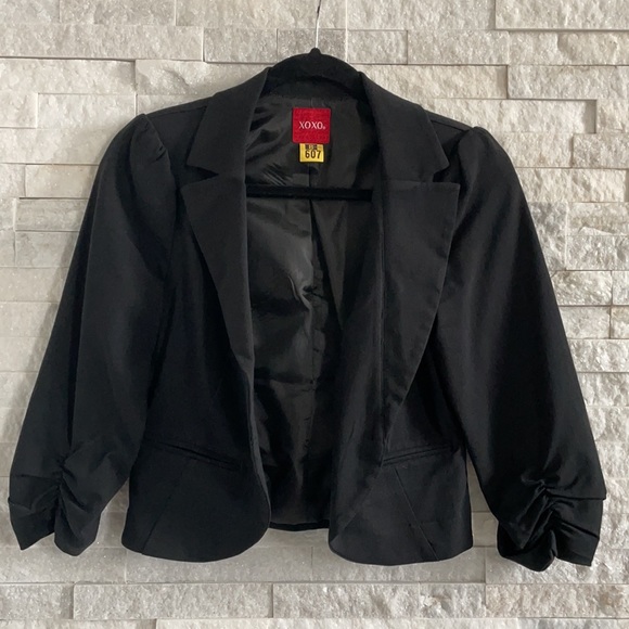 XOXO Three Quarter Sleeve Cropped One Button Black Blazer Jacket - Picture 7 of 8